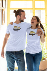 Unisex White Graphic T-Shirt – “Хайде CHAL” Moustache Print Statement Tee