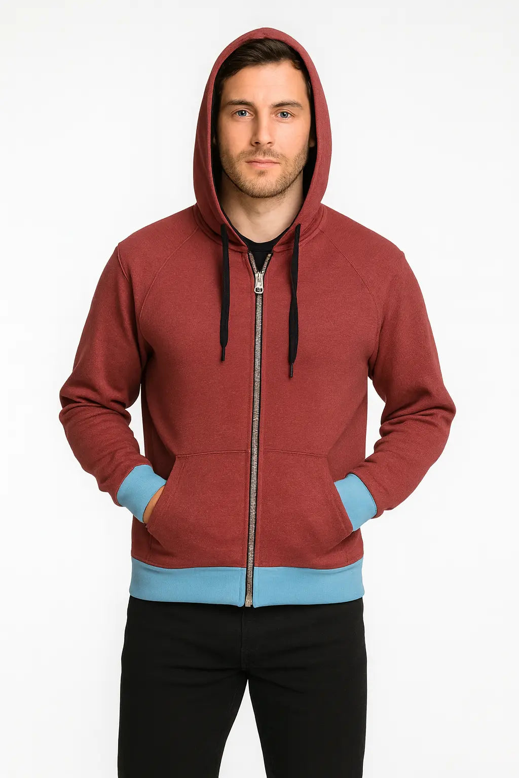 Men’s Maroon Zip-Up Hoodie – Bold Contrast Style for Everyday Wear