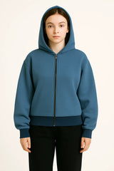 Women’s Blue Zip-Up Hoodie with Navy Blue Hemline