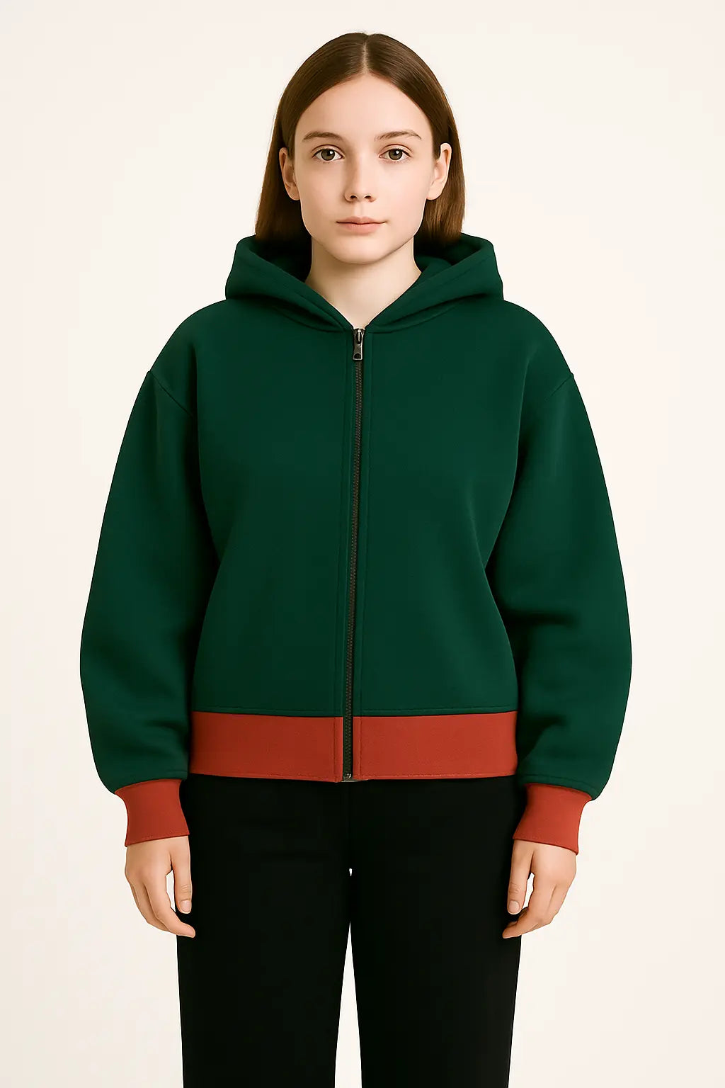 Women’s Dark Green Zip-Up Hoodie with Rust Contrast Hema