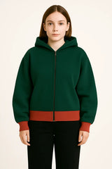 Women’s Dark Green Zip-Up Hoodie with Rust Contrast Hema