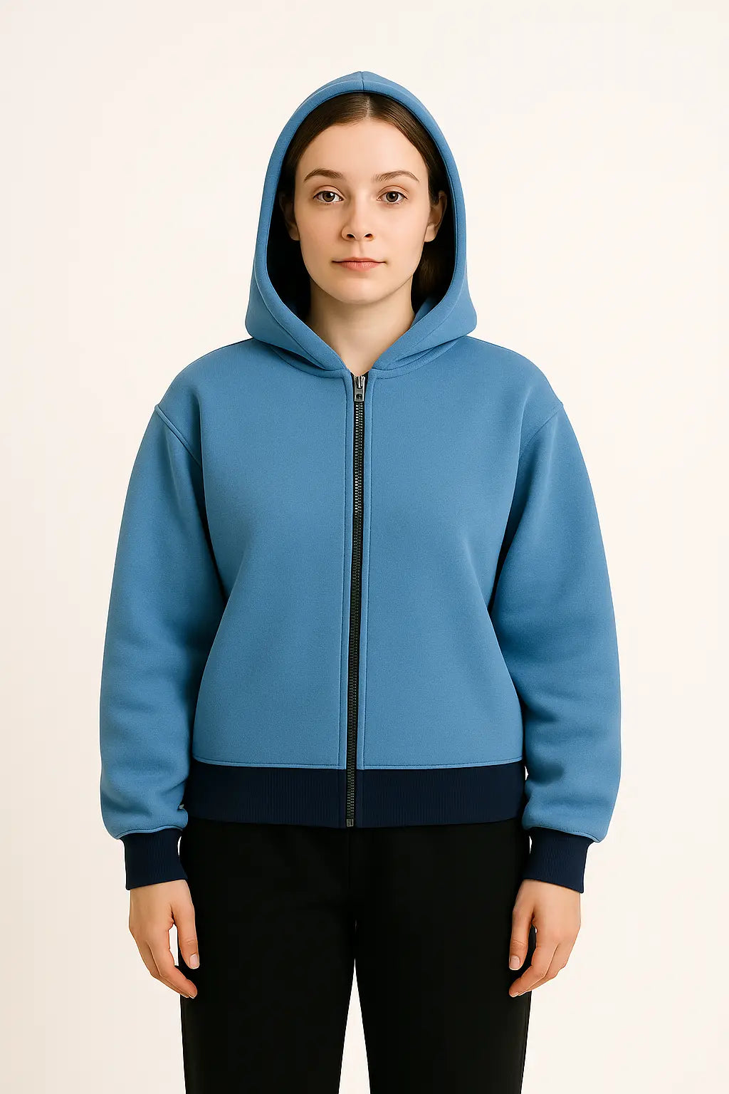 Women’s Light Blue Hoodie with Black Contrast Hem