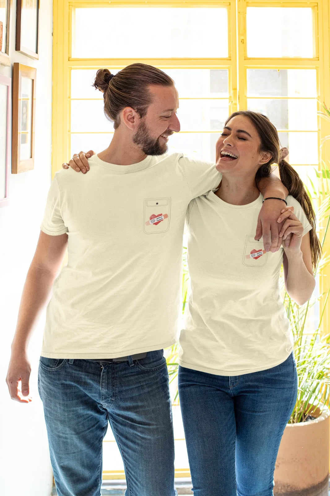 Men’s Beige Graphic T-Shirt – Pocket Heart Print with Healing Message