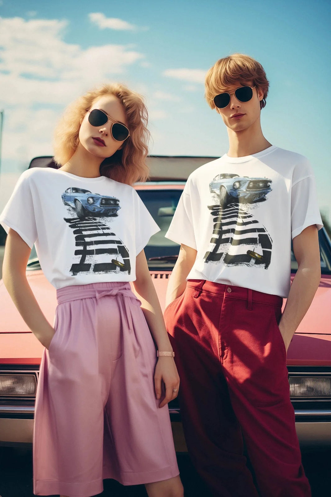 Unisex Printed Tee – Classic Blue Mustang Car Graphic