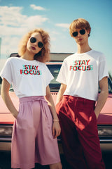 Unisex Printed Tee – Stay Focus Glitch Text Design