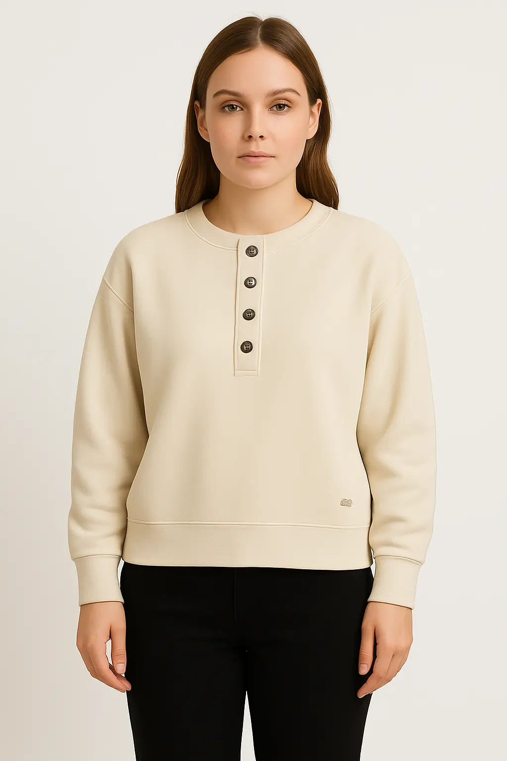 Women’s Beige Sweatshirt – Buttoned Henley Pullover
