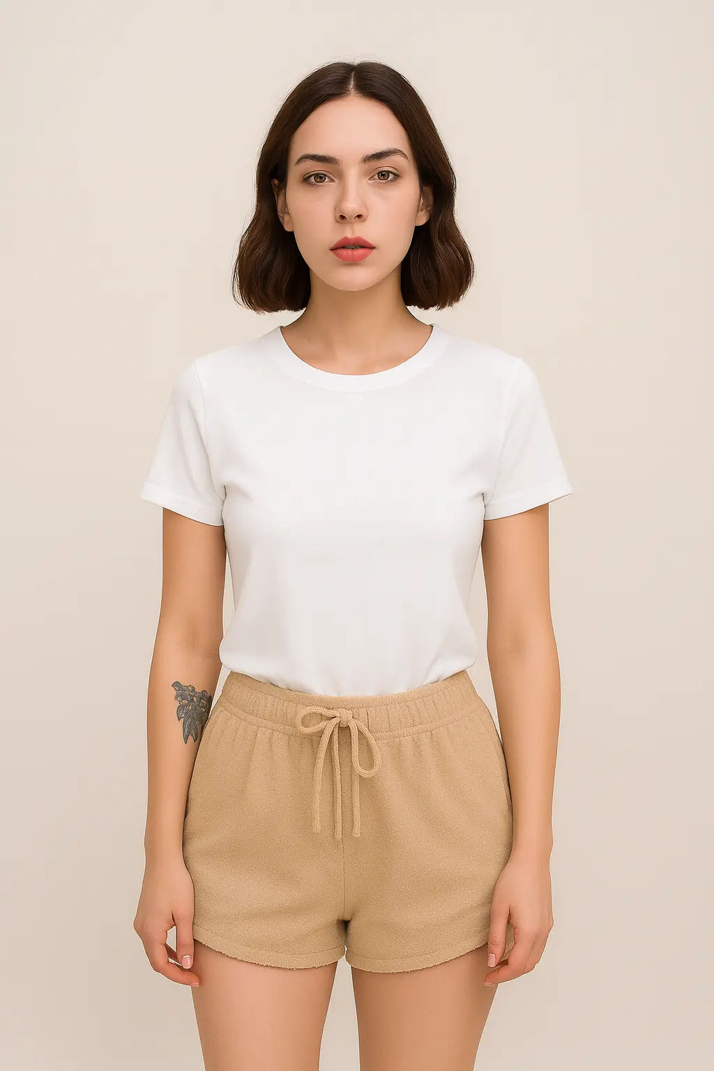 Women’s Beige Lounge Shorts – Cozy Fleece with Curved Hem & Drawstring Waist
