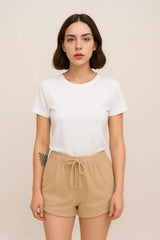 Women’s Beige Lounge Shorts – Cozy Fleece with Curved Hem & Drawstring Waist
