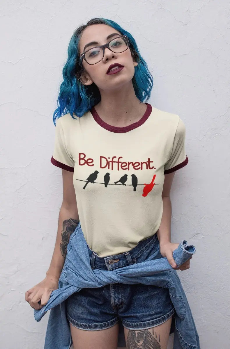 Women’s Printed Tee – Be Different Typography Bird Graphic