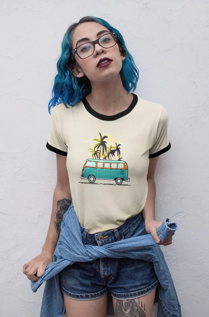 Women’s Printed Tee – Beach Van & Palm Tree Illustration