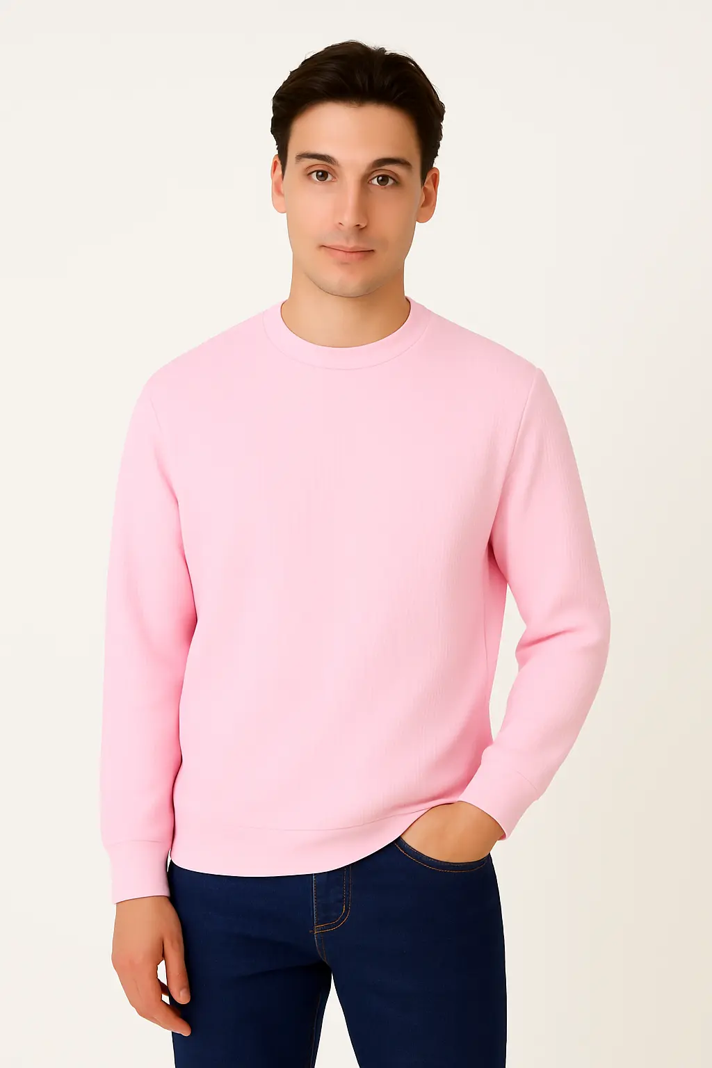 Men's Pastel Pink Crew Neck Sweatshirt – Soft Hue, Sleek Comfort
