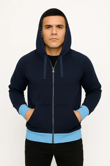 Men's Navy Zip-Up Hoodie – Sporty Contrast Style for Everyday Comfort