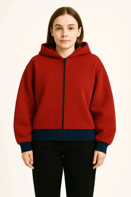 Classic Contrast Zip-Up Hoodie – Red & Navy