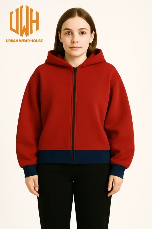 Classic Contrast Zip-Up Hoodie – Red & Navy