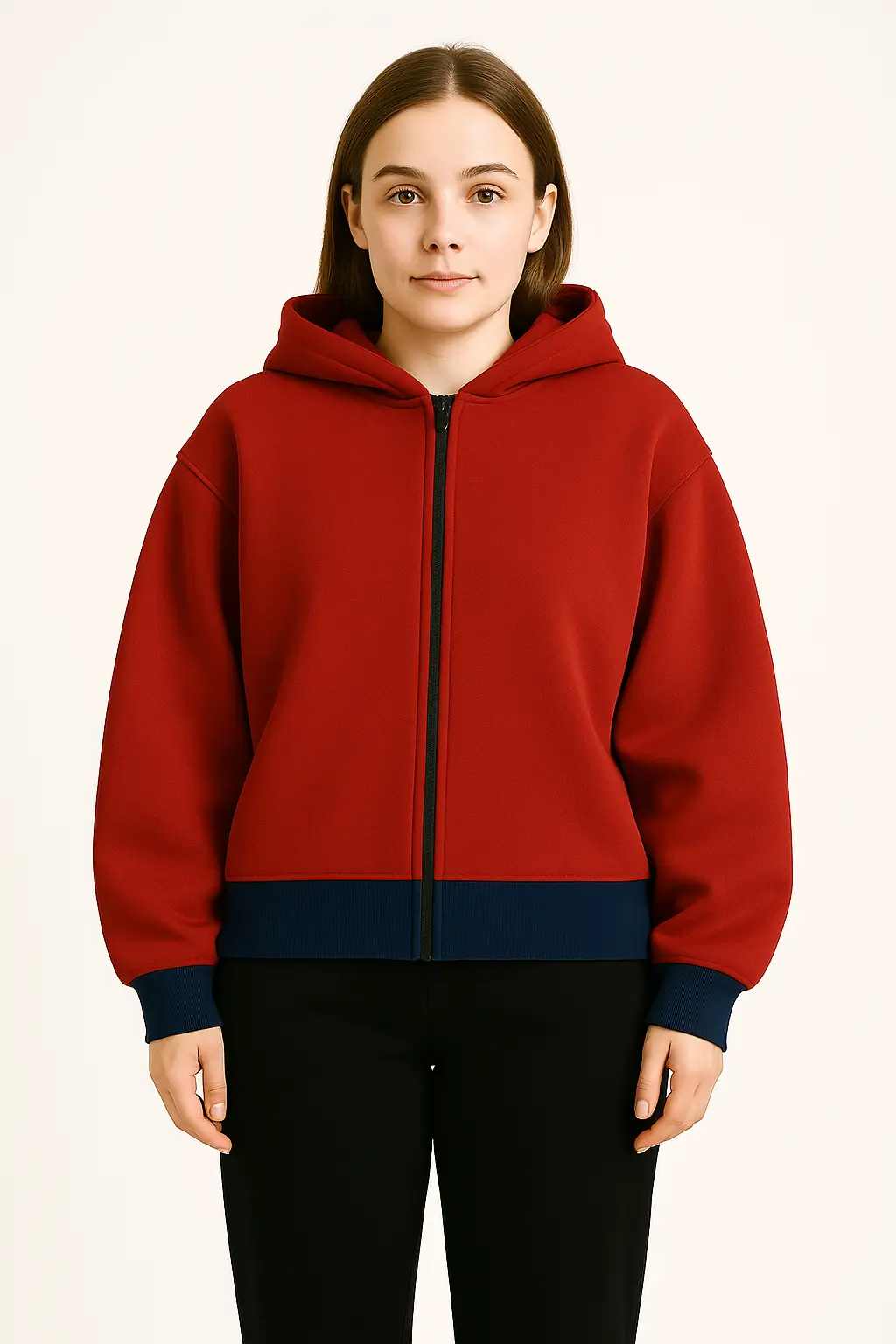 Classic Contrast Zip-Up Hoodie – Red & Navy