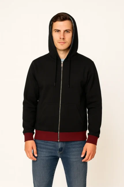 Men's Black Zip-Up Hoodie – Everyday Warmth with Contrast Detailing