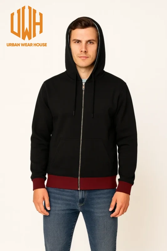Men's Black Zip-Up Hoodie – Everyday Warmth with Contrast Detailing