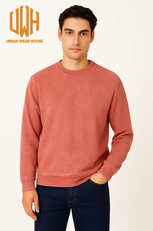 Men's Coral Crew Neck Sweatshirt – Washed Look, Laid-Back Style