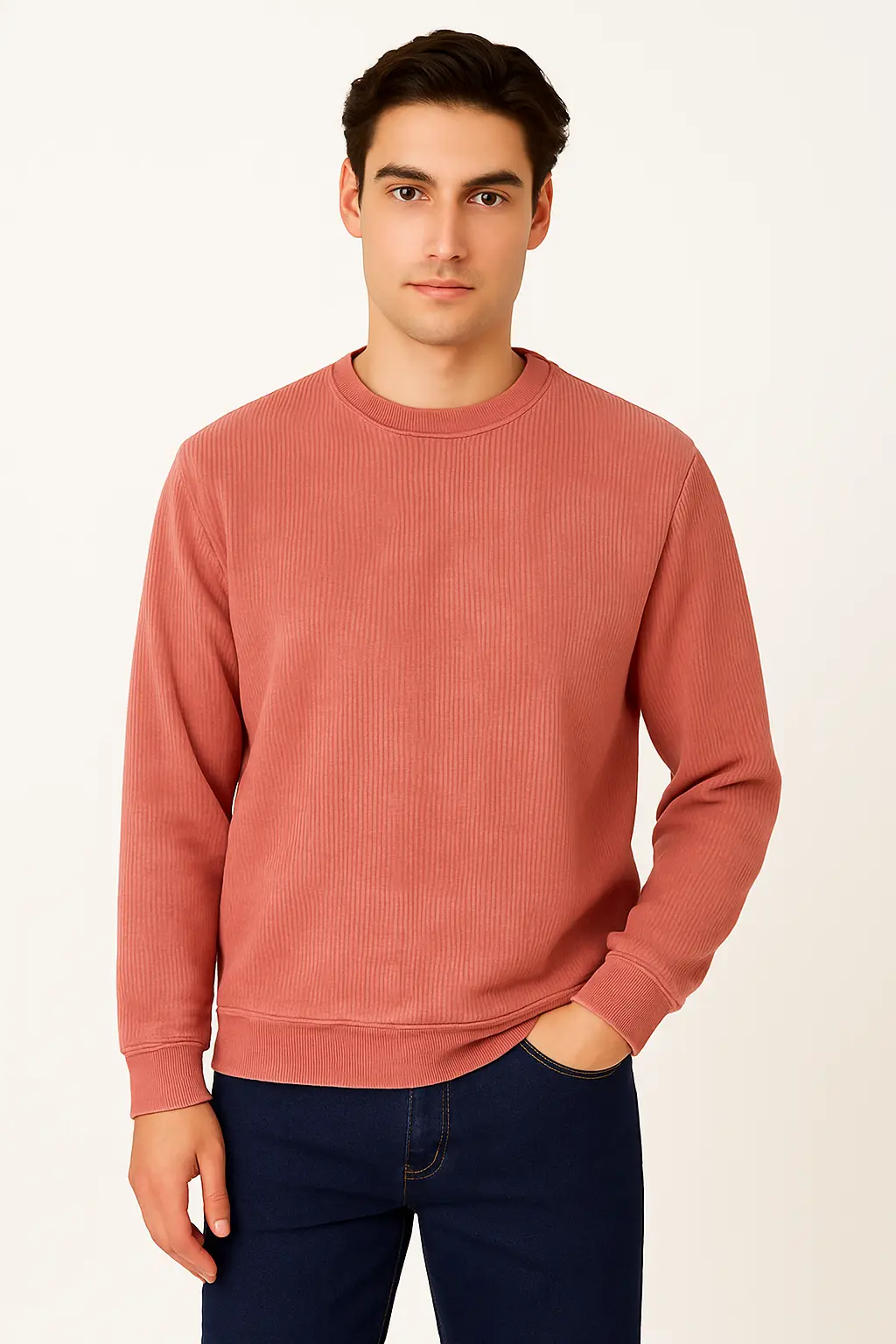 Men's Coral Crew Neck Sweatshirt – Washed Look, Laid-Back Style