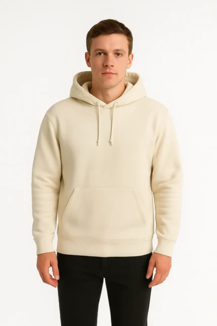 Men’s Ivory Hoodie – Minimalist Pullover with Kangaroo Pocket & Drawstring Hood