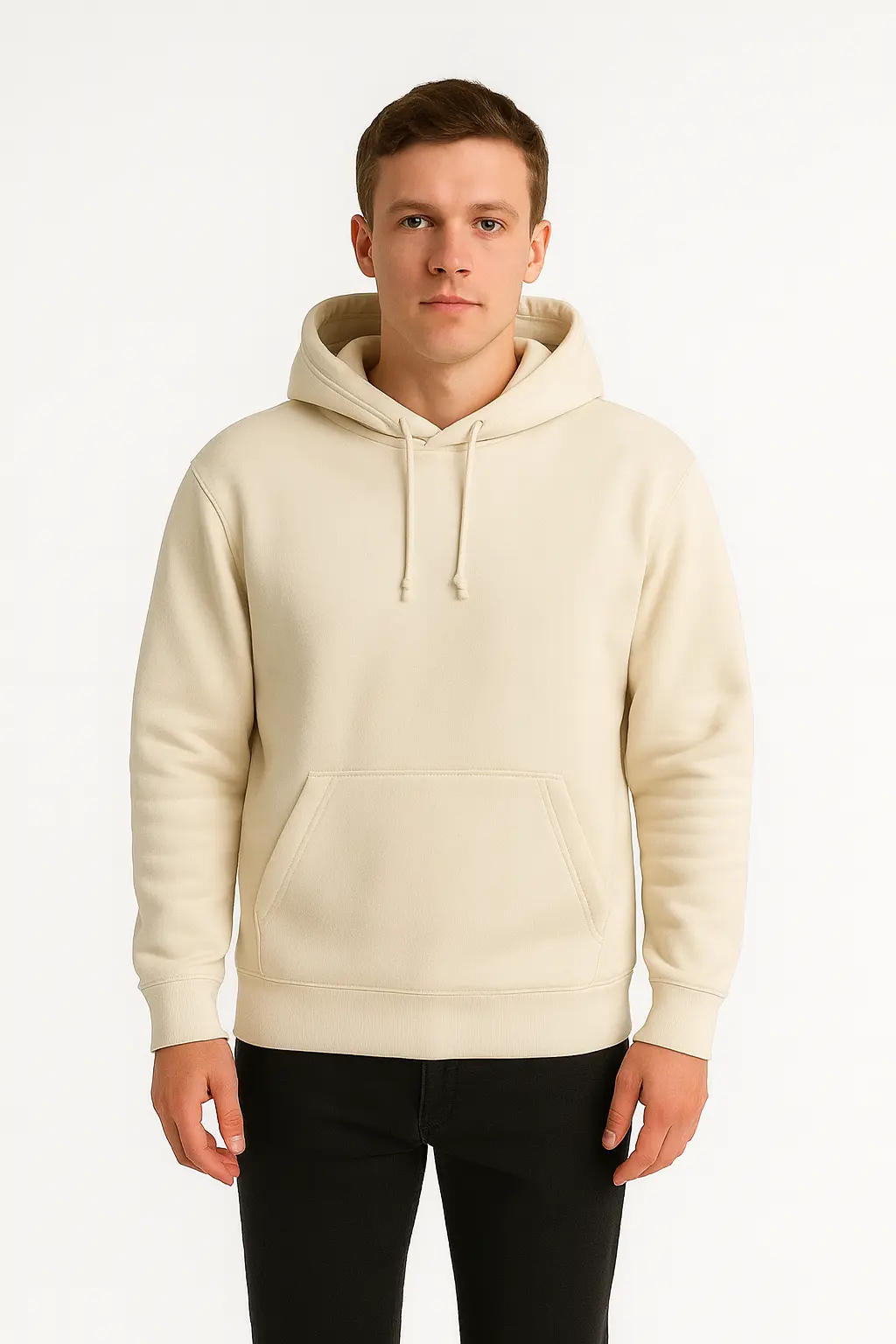 Men’s Ivory Hoodie – Minimalist Pullover with Kangaroo Pocket & Drawstring Hood