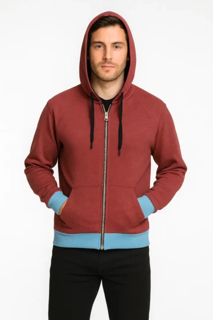 Men's Maroon Zip-Up Hoodie – Bold Contrast Style for Everyday Wear