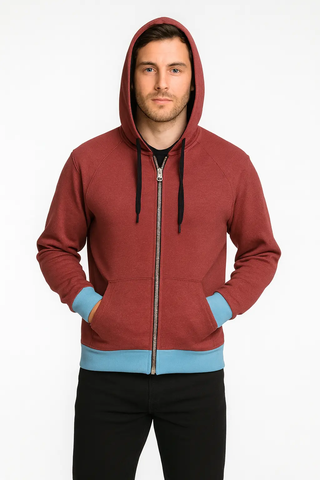 Men's Maroon Zip-Up Hoodie – Bold Contrast Style for Everyday Wear