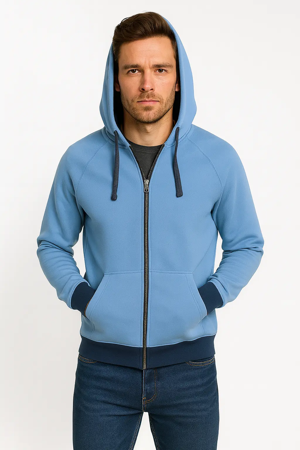 Men's Sky Blue Zip-Up Hoodie – Sporty Comfort with a Modern Edge