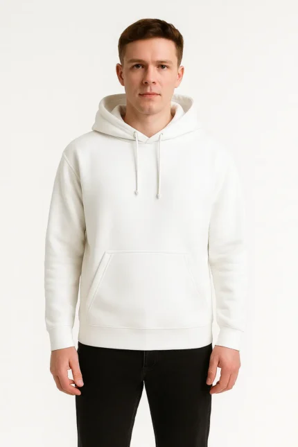 Men’s White Hoodie – Classic Pullover with Kangaroo Pocket & Drawstring Hood