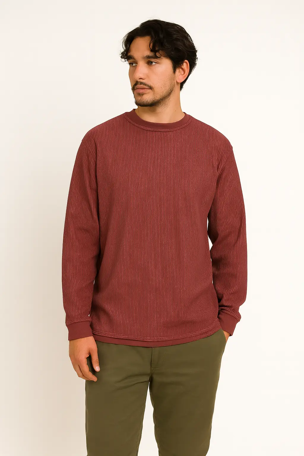Men's Wine Red Crew Neck Sweatshirt – Earthy Tone, Easy Fit