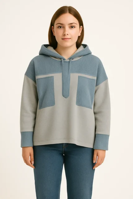 Ribbed Panel Patch Hoodie – Dusty Blue (Unisex)