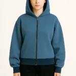Unisex Blue Zip-Up Hoodie with Navy Blue Hemline