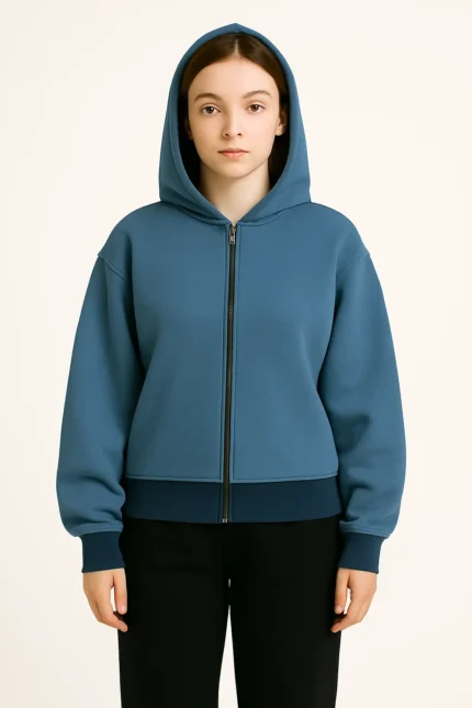 Unisex Blue Zip-Up Hoodie with Navy Blue Hemline