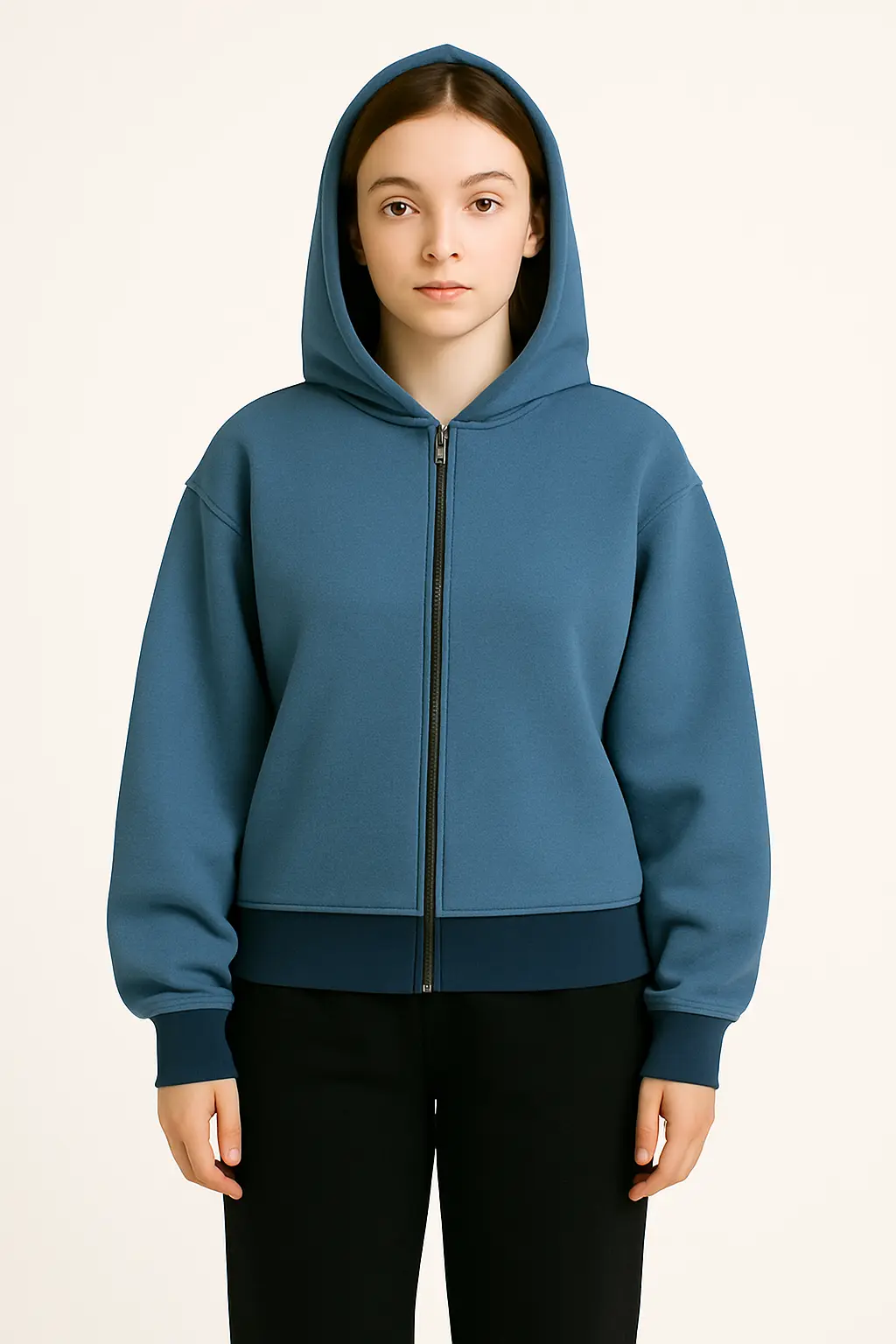 Unisex Blue Zip-Up Hoodie with Navy Blue Hemline