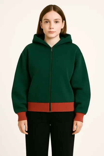 Unisex Dark Green Zip-Up Hoodie with Rust Contrast Hema