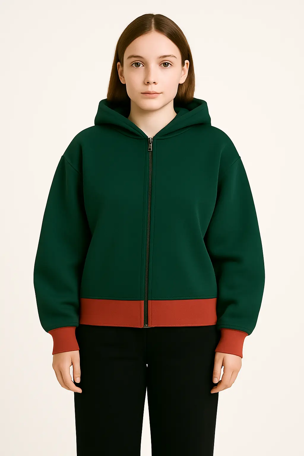 Unisex Dark Green Zip-Up Hoodie with Rust Contrast Hema