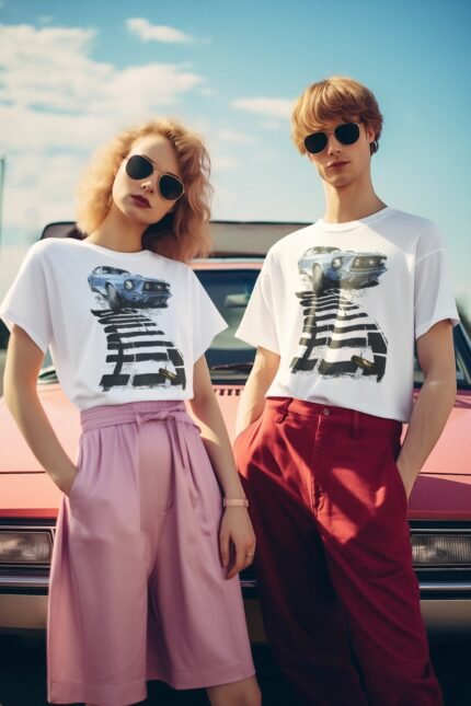 Unisex Printed Tee – Classic Blue Mustang Car Graphic