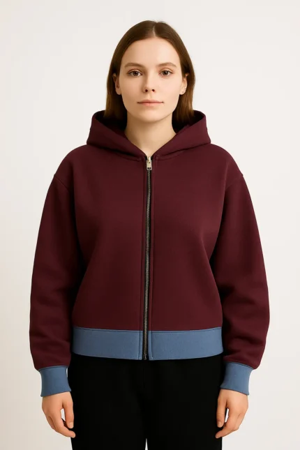 Women Maroon Hoodie with Dusty Blue Hemline