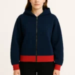 Women Navy Blue Zip-Up Hoodie with Red Contrast Hem
