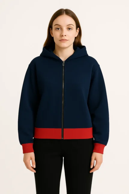 Women Navy Blue Zip-Up Hoodie with Red Contrast Hem