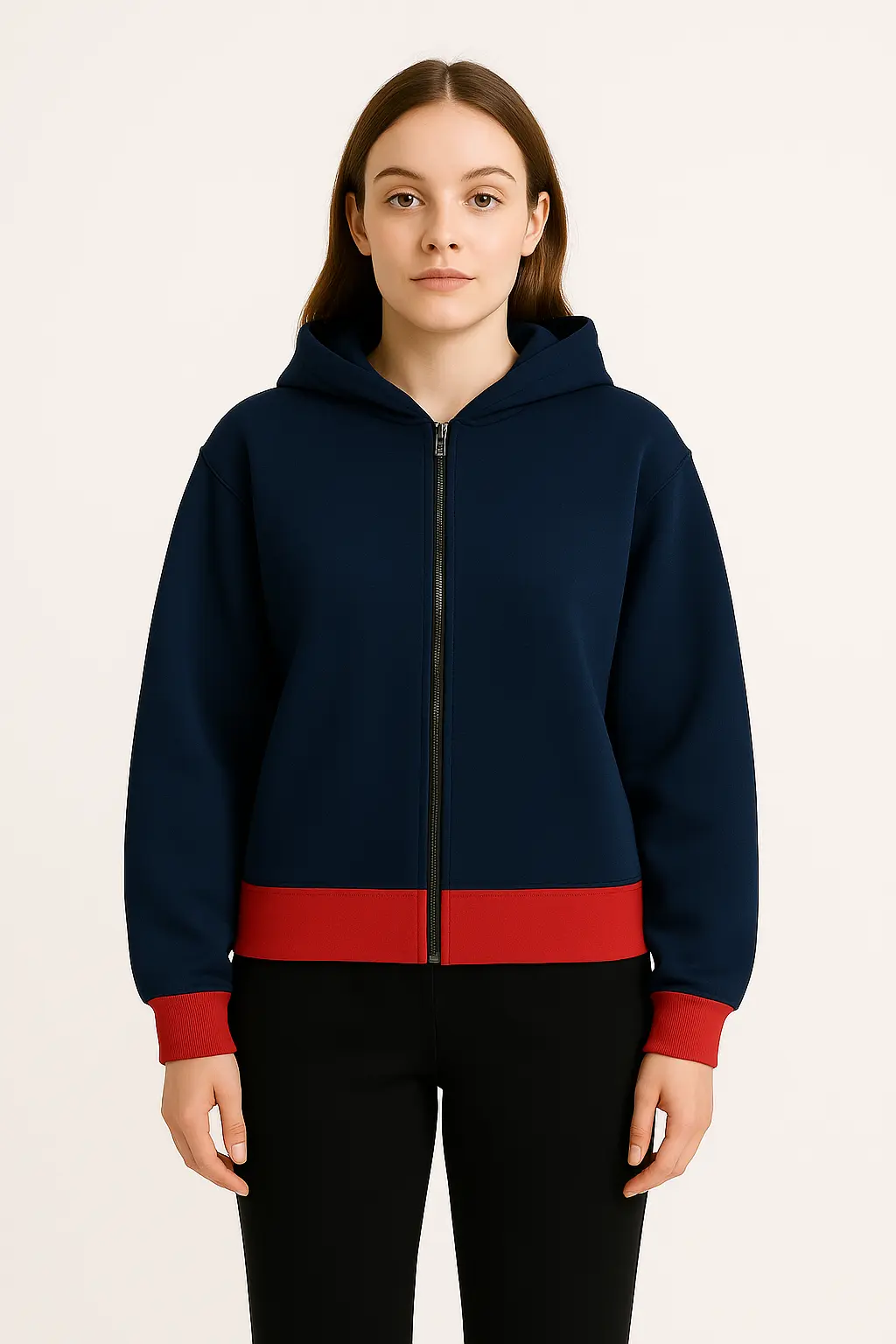 Women Navy Blue Zip-Up Hoodie with Red Contrast Hem