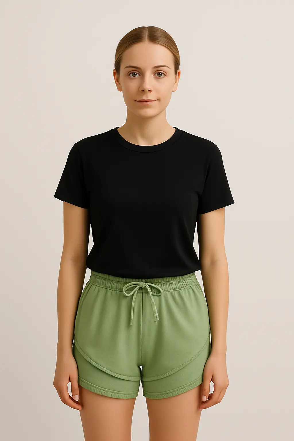 Women's Beige Lounge Shorts – Cozy Fleece with Curved Hem & Drawstring Waist