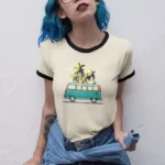 Women's Printed Tee – Beach Van & Palm Tree Illustration