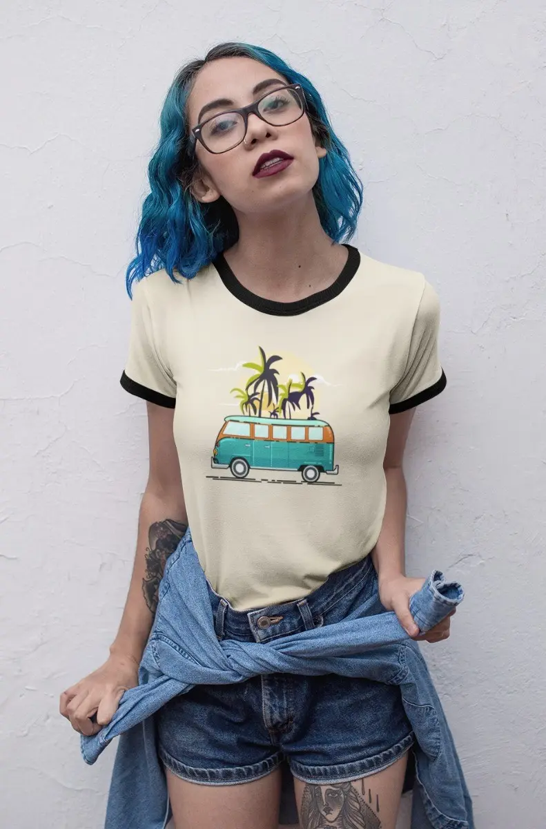 Women's Printed Tee – Beach Van & Palm Tree Illustration